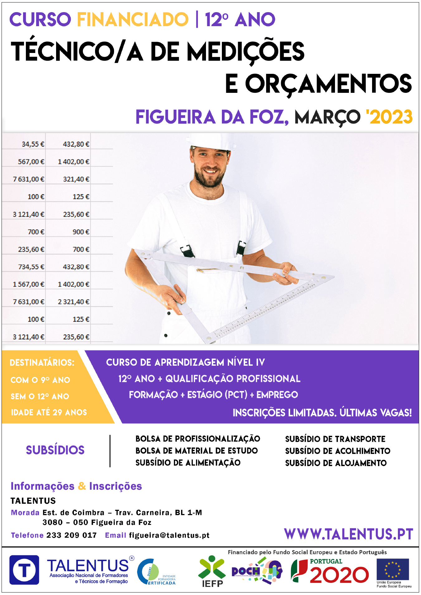 Técnico/a de Medições e Orçamentos – Curso de Formação Certificado e Financiado _Início em MARÇO na Figueira da Foz